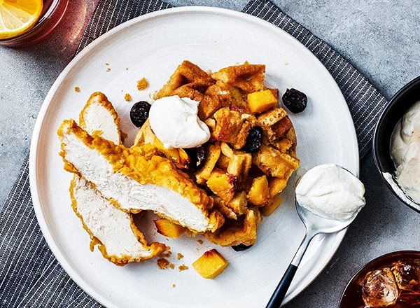 Crispy Chicken & Waffle Bread Pudding with Sriracha-Maple Whipped Cream