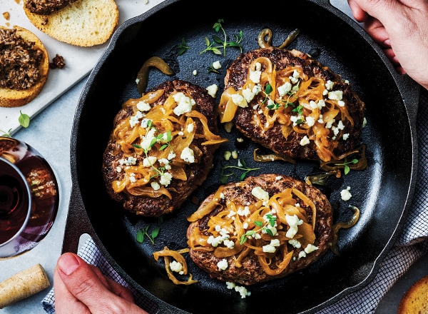 Chopped Steak with Saut&#233;ed Onions, Gorgonzola &amp; Mushroom Duxelle Toast