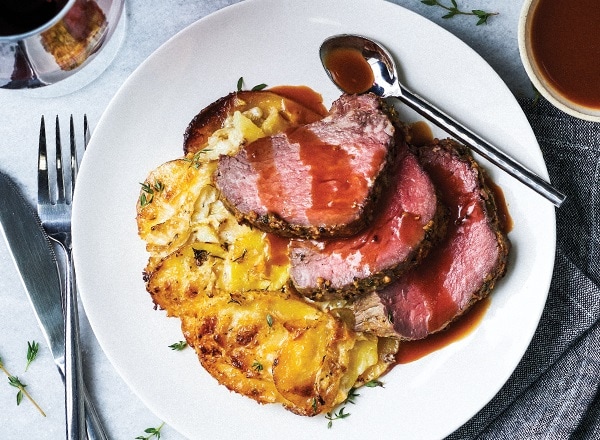 Slow Roasted Beef Tenderloin with Vanilla-Rosemary Scented Demi & Root Vegetable Gratin
