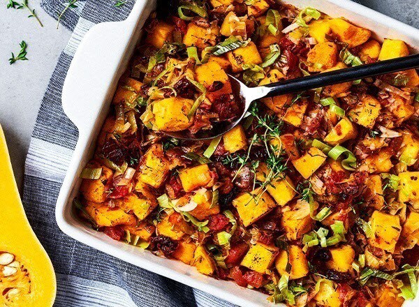 Butternut Squash Casserole with Leeks, Prosciutto, and Thyme