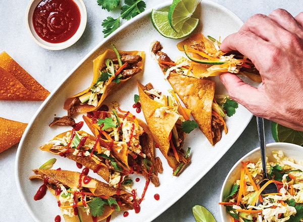 BBQ Duck Wonton Tacos with Crunchy Slaw