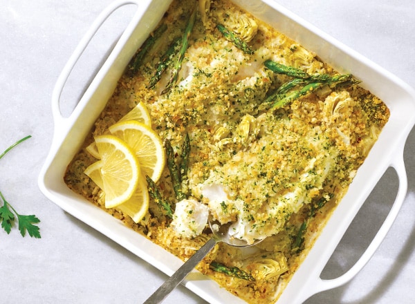 Creamy Artichoke and Asparagus Seafood Gratin