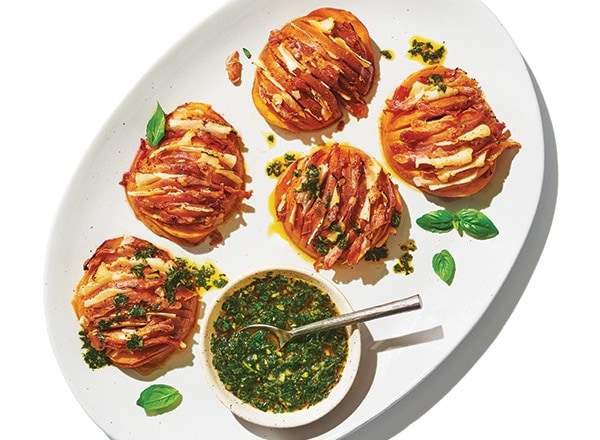 Baked Hasselback Peaches with Prosciutto, Parmesan, and Basil Vinaigrette