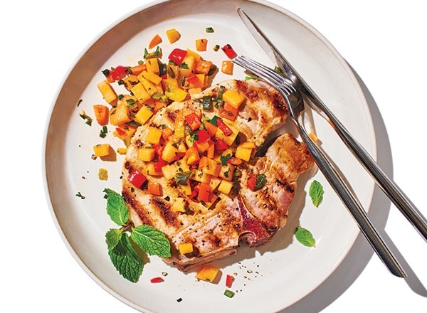 Grilled Pork Loin Chops with Serrano and Minted Melon Salsa