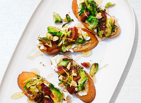 Caramelized Brussels Sprout Crostini with Ricotta and Bacon