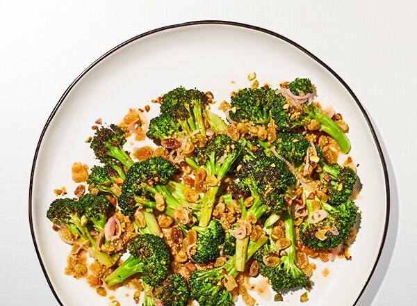Skillet Broccoli with Pickled Raisins and Pistachios