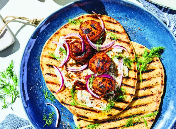 Souvlaki-Style Mushrooms with Tzatziki and Flatbread