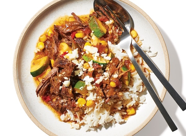 Multicooker Green Chili Roast with Zucchini and Corn