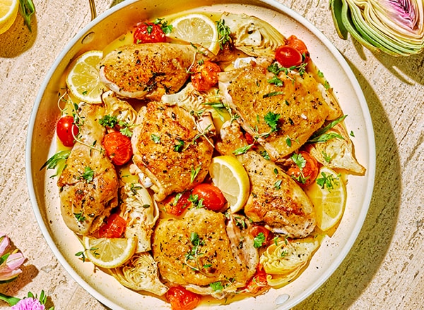 Roasted Chicken with Artichokes, Lemon, and Tomatoes