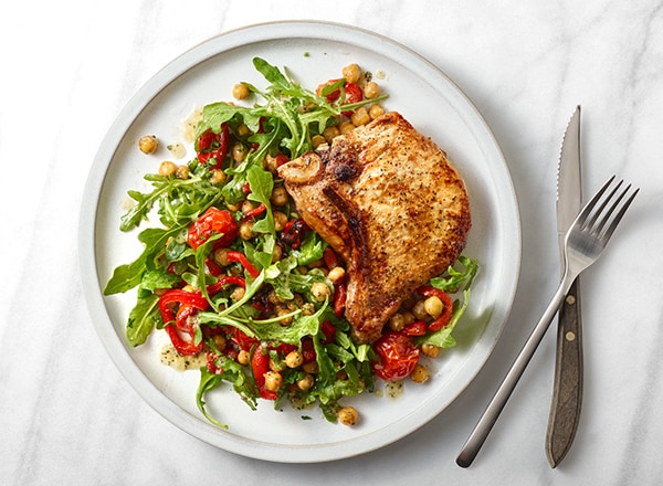 Broiled Pork Chops with Warm Chickpea Salad