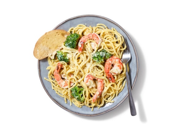 Creamy Basil Spaghetti with Shrimp and Broccoli