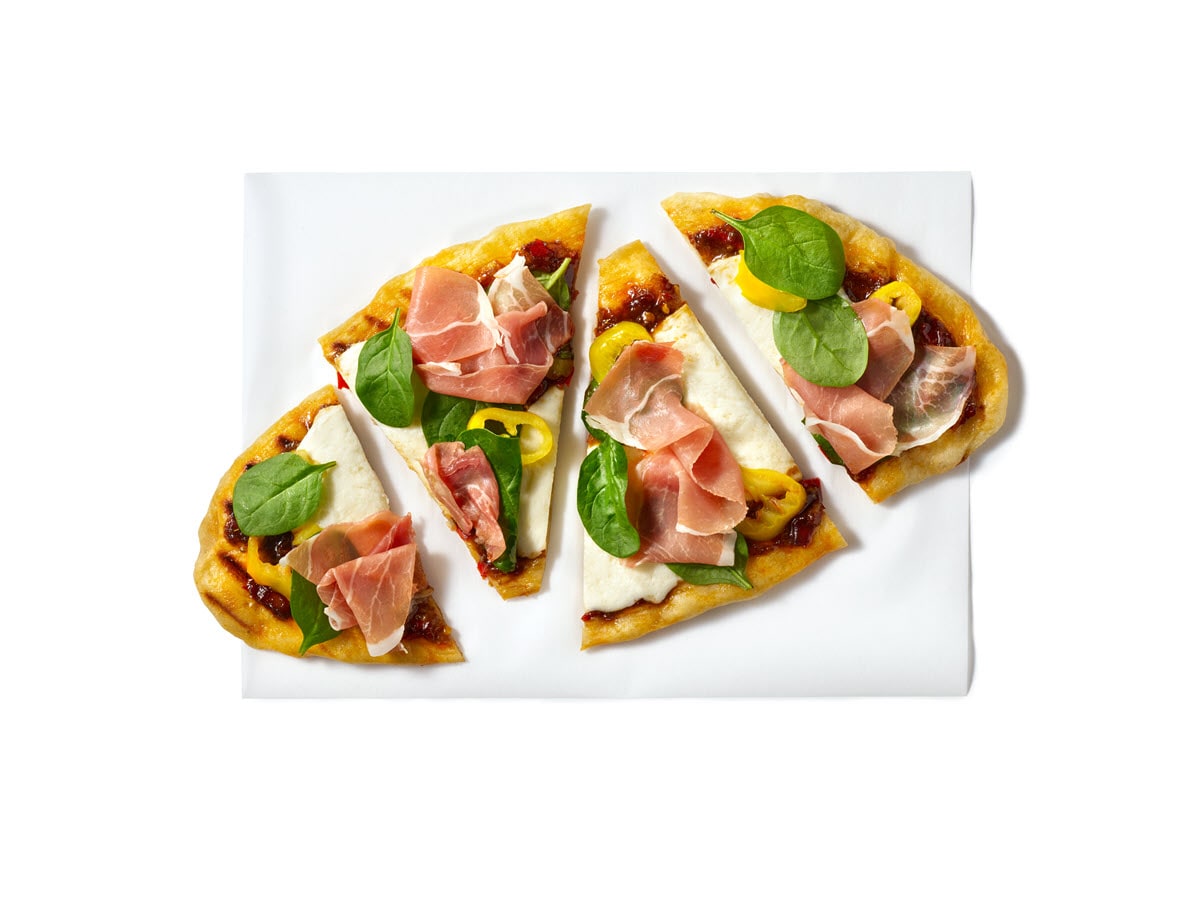 Grilled Spicy Garlic Flatbread with Prosciutto and Mozzarella