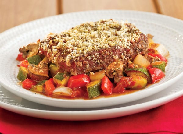 Tomato-Crusted Steaks over Vegetable Ragù