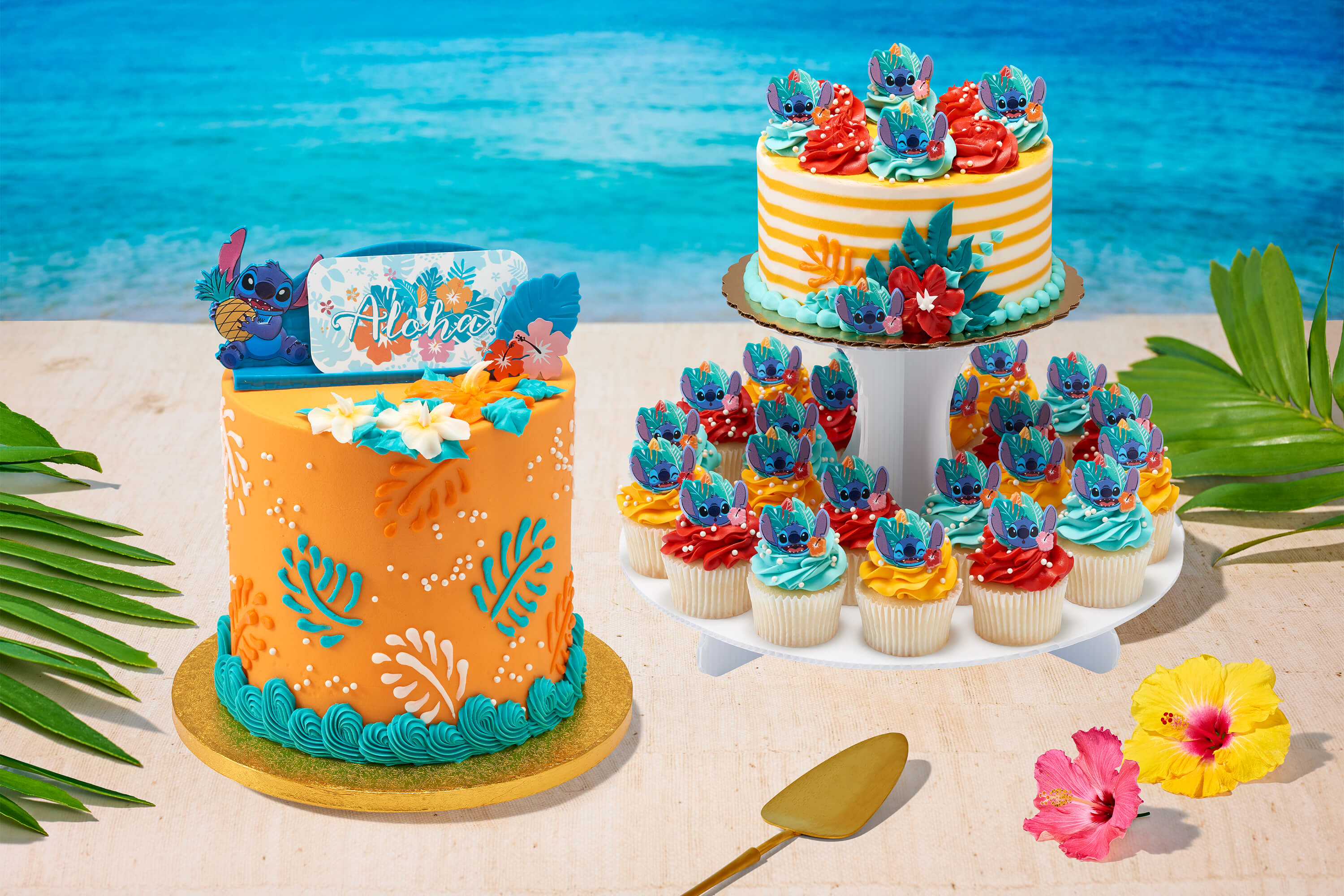 Disney's Lilo and Stitch tropical-themed cake and cupcakes.