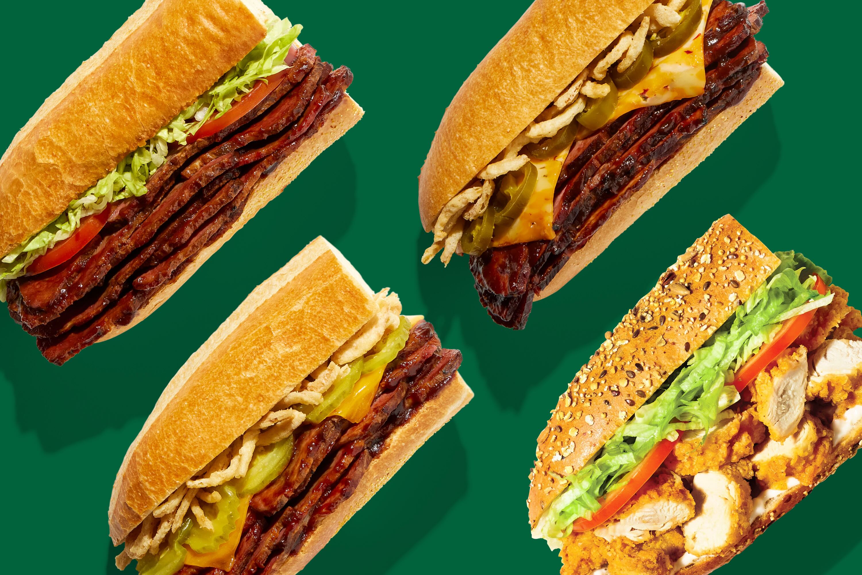 Three open Deli brisket subs and an open Chicken Tender sub, showing quality ingredients and fresh toppings.