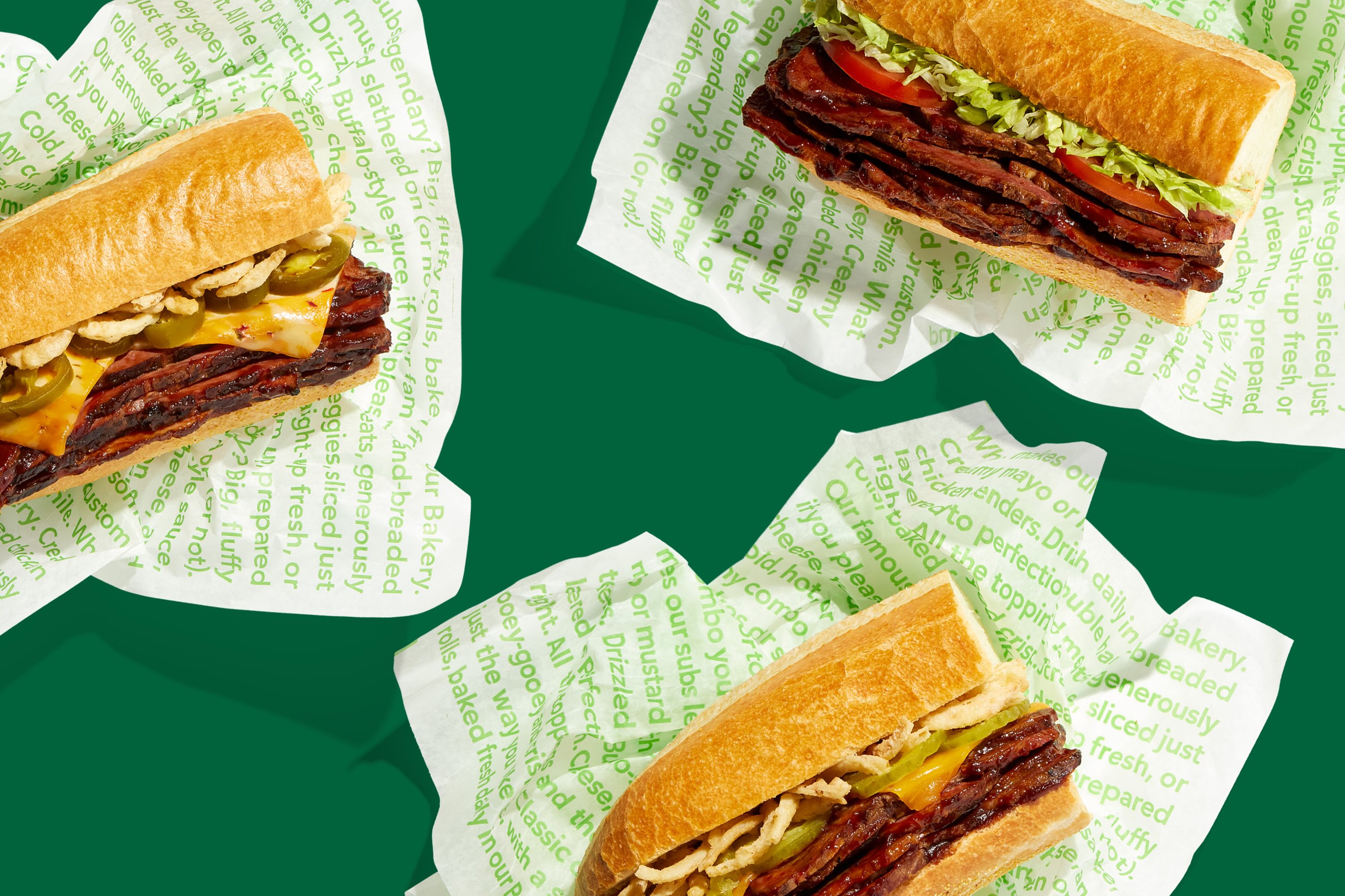 The Spicy Brisket Sub, Southern-Style Brisket Sub, and Brisket, Lettuce, and Tomato Sub on Publix Deli paper, showing sliced brisket and fresh toppings.The Spicy Brisket Sub, Southern-Style Brisket Sub, and Brisket, Lettuce, and Tomato Sub on Publix Deli paper, showing sliced brisket and fresh toppings.