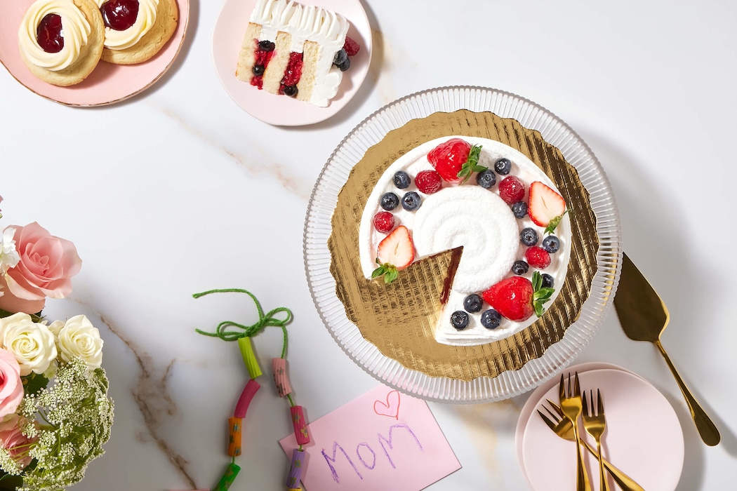 Mother’s Day treats, including a Chantilly Cake, Raspberry Cream Cheese Cookies, and a Petals of Passion bouquet.