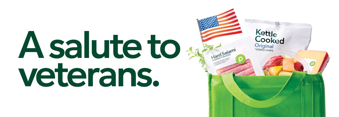 The headline A salute to veterans. next to a bag of Publix groceries and an American flag 