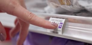 hand pointing at a shelf tag with the purple gulten free icon 