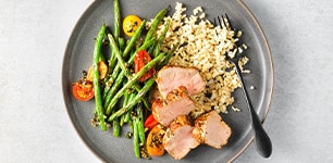 Skillet Herb-Crusted Pork with Blistered Beans & Tomatoes