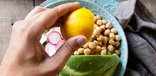 lemon, chick peas, and avocado