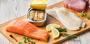 fresh seafood on a cutting board 