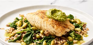 Pan Roasted Fish with Rice and Cilantro Edamame Pesto