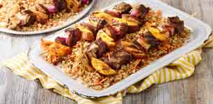 Beef & Peach Skewers with Persian Farro Salad