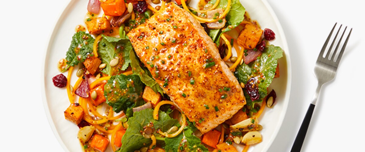 Maple-Mustard Salmon with Warm Vegetable Salad