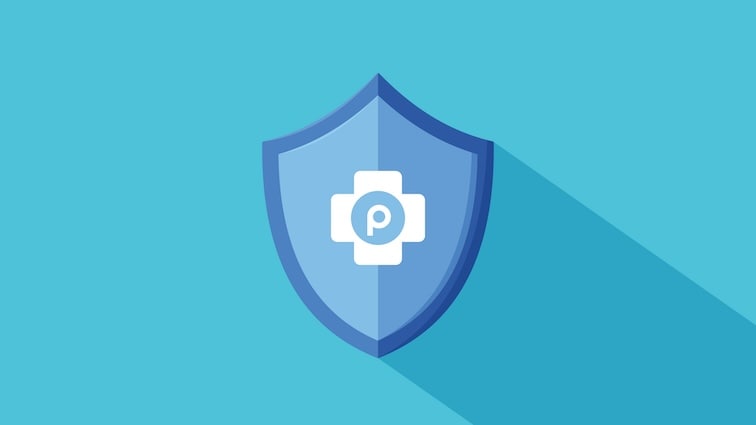 Illustration of a blue shield with a medical cross and letter ‘P,’ symbolizing protection through vaccination.