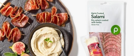 Publix Pepper-Coated Salami paired with Publix Fig and Chili Goat Cheese.