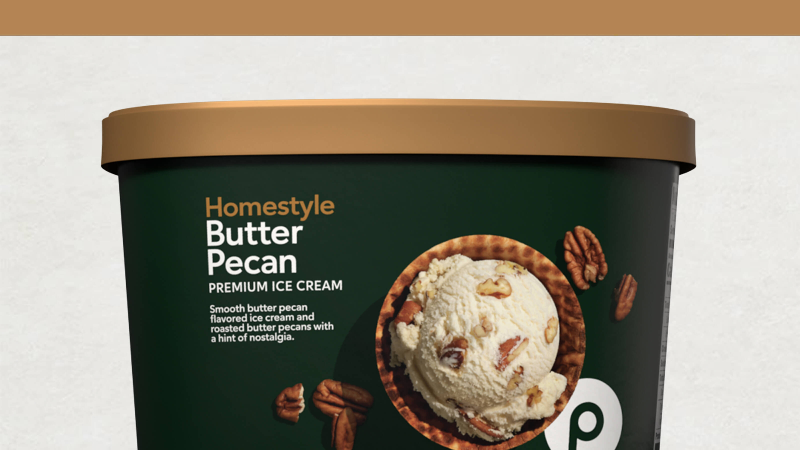 A container of Homestyle Butter Pecan Premium Ice Cream with an image of ice cream scoops and pecans on the packaging.
