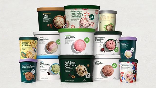 A variety of Publix ice cream flavors, including limited editions, sherbet, frozen yogurt, and lactose-free options, displayed in colorful tubs.