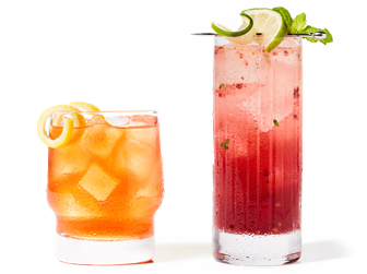 Two refreshing cocktails: one orange with lemon twist in a short glass, and one red with lime and mint garnish in a tall glass, both with ice.
