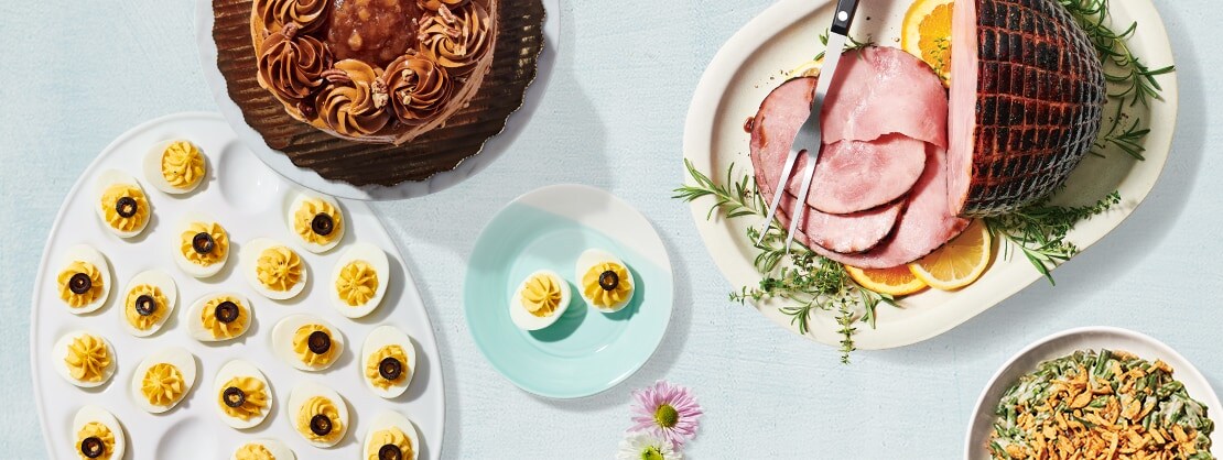 easter tablescape with deviled eggs and ham 