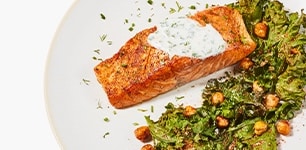 One Pan Salmon Kale. Chickpeas, and Buttermilk Sauce 