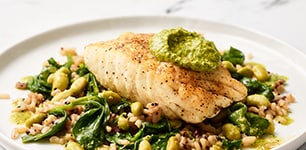 Pan-Roasted Fish with Rice and Cilantro-Edamame Pesto