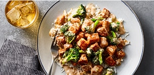 bronzed chicken and broccoli over rice