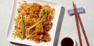 plate of Sweet and Sour chicken with fried rice