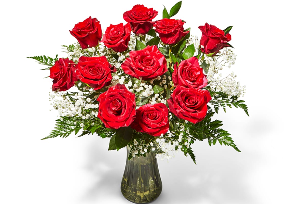 A bouquet of a dozen red roses arranged together.
