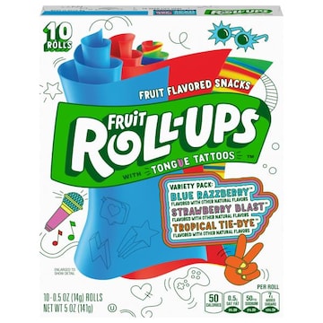 Fruit Roll-Ups Strawberry Blast/Tropical Tie-Dye/Blue Razzberry Fruit Flavored Snacks with Tongue Tattoos Variety Pack