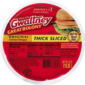 Gwaltney Bologna, Chicken, Original, Thick Sliced