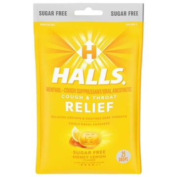 Halls Cough & Throat Relief, Sugar Free, Honey Lemon Flavor, Drops