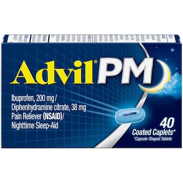 ADVIL PM PM Pain Reliever and Nighttime Sleep Aid, Ibuprofen for Pain Relief and Diphenhydramine Citrate for a Sleep Aid