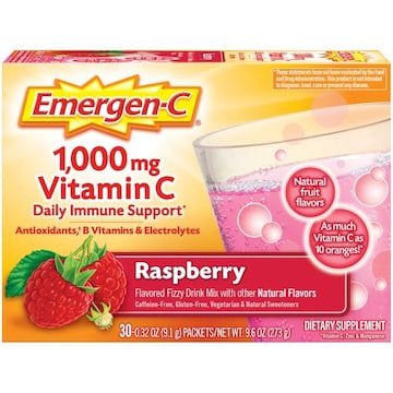 Emergen-C Vitamin C 1000mg Powder (Raspberry Flavor, 1 Month Supply), With Antioxidants, B Vitamins and Electrolytes, Dietary Supplement Fizzy Drink Mix