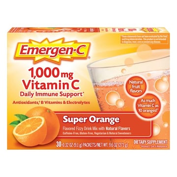 Emergen-C 1000mg Vitamin C Powder for Daily Immune Support Caffeine Free Vitamin C Supplements with Zinc and Manganese, B Vitamins and Electrolytes, Super Orang