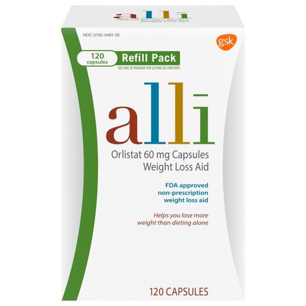 Alli Weight Loss Aid, Orlistat, 60 mg, Capsules, Refill Pack