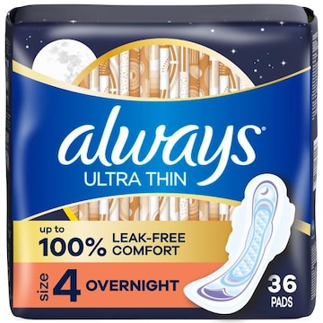 Always Ultra Thin Overnight Pads, Size 4, Overnight, Unscented, 36 Count