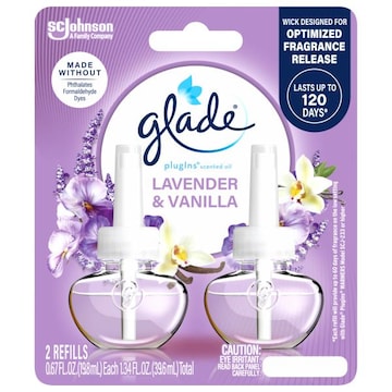 Glade PlugIns Scented Oil 2 Refills, Air Freshener, Lavender & Vanilla, Essential Oil Infused Wall Plug In, 1.34 FL OZ, Pack of 2