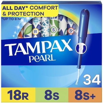 Tampax Pearl Tampons Multipack with LeakGuard Braid, Regular/Super/Super Plus, 34 Ct